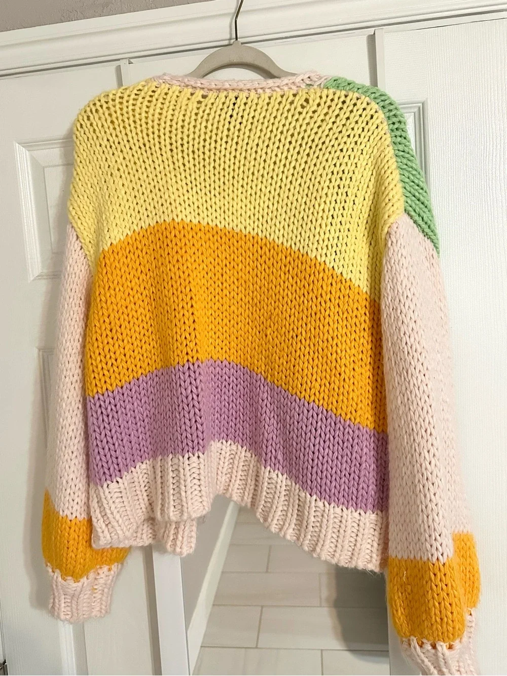 Forever 21 Colorblock Chunky Knit Cardigan - Pink, Yellow & Green L
